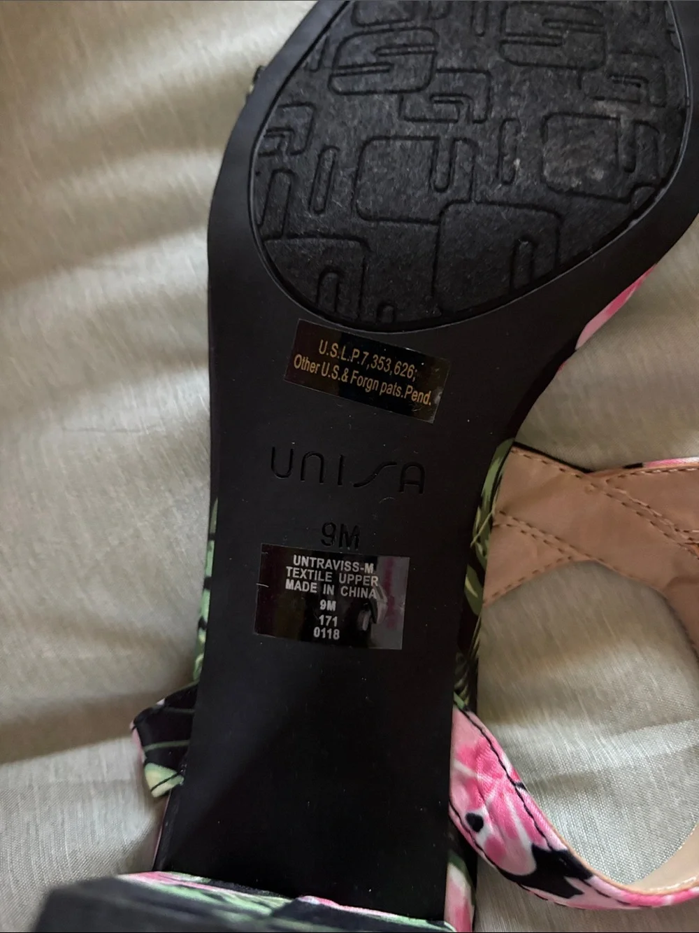 Unisa Black Floral Strappy Sandals with Pink & Green Accents